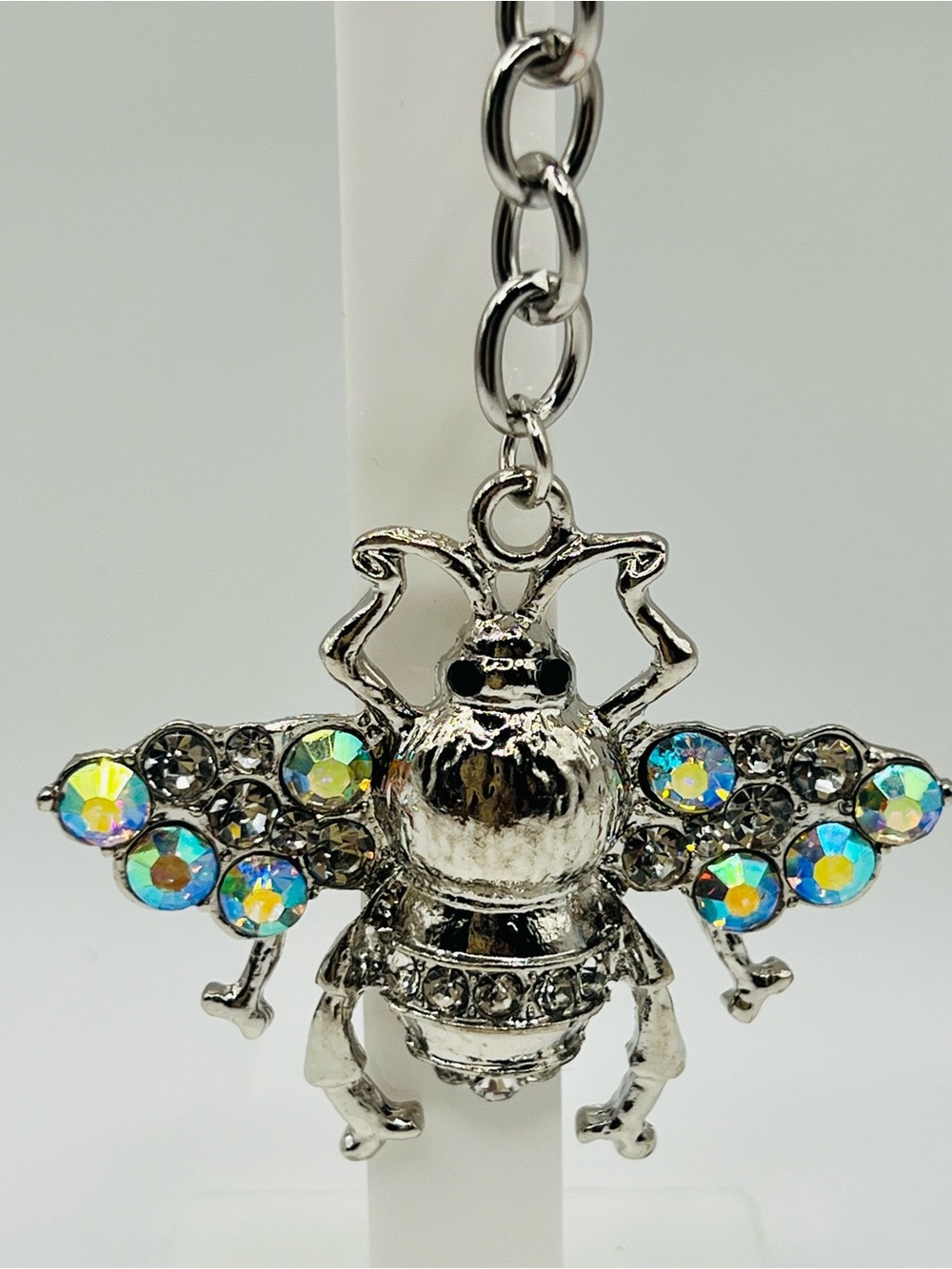 Rhinestone Bee Pendant Keychain - Silver with Aurora Crystals
